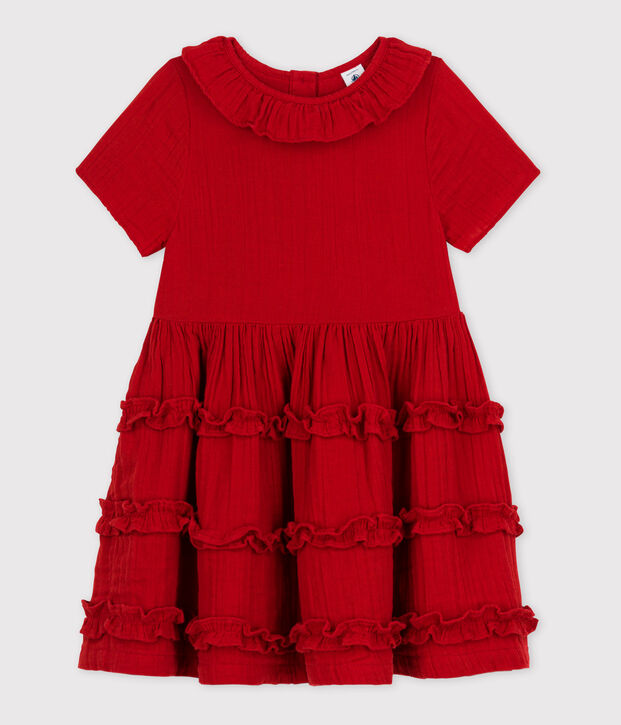 Robe manches courtes en gaze de coton enfant fille rouge