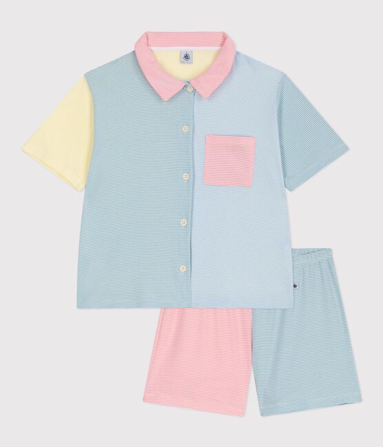 Pyjama short boutonné femme en coton à rayures blanc MARSHMALLOW/blanc MULTICO