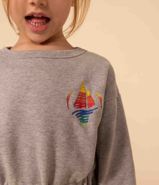 Meisjesjurk met lange mouwen en geborstelde fleeceprint grijs CHATON CHINE
