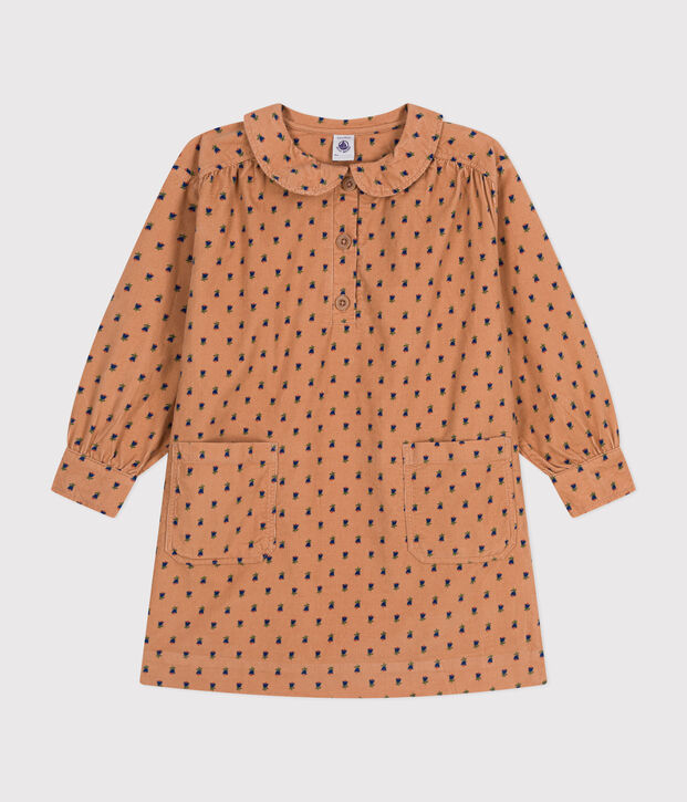 Meisjesjurk met lange mouwen in dun bloemenvelours roze/multicouleur