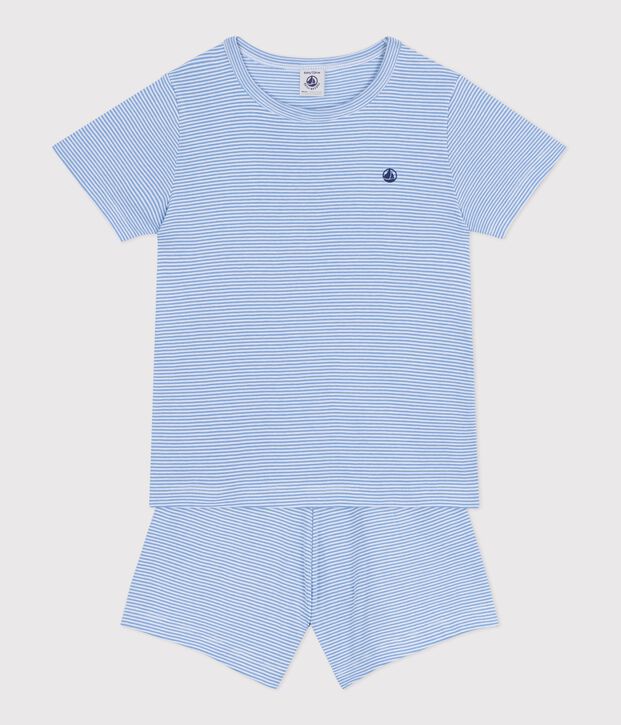 Korte katoenen kinderpyjama met streepjes blauw/wit
