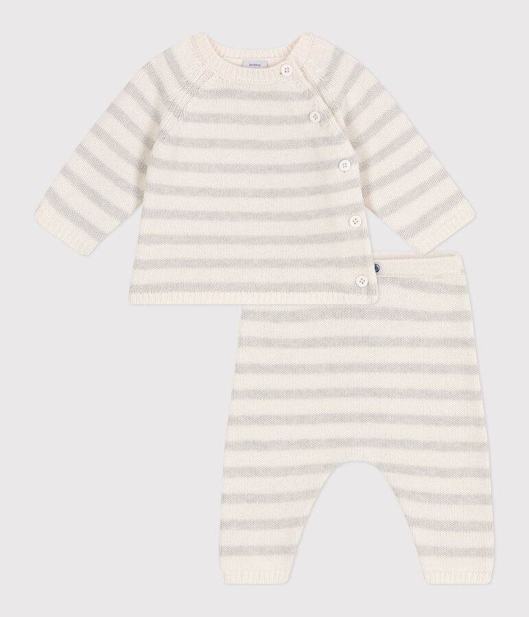 Tweedelig babysetje van tricot uit wol en katoen wit MARSHMALLOW/ MONTELIMAR