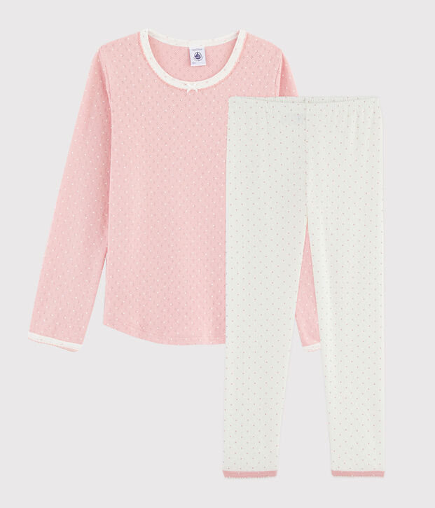 Roze meisjespyjama met stippen van ribtricot met gaatjes voor lint wit/roze