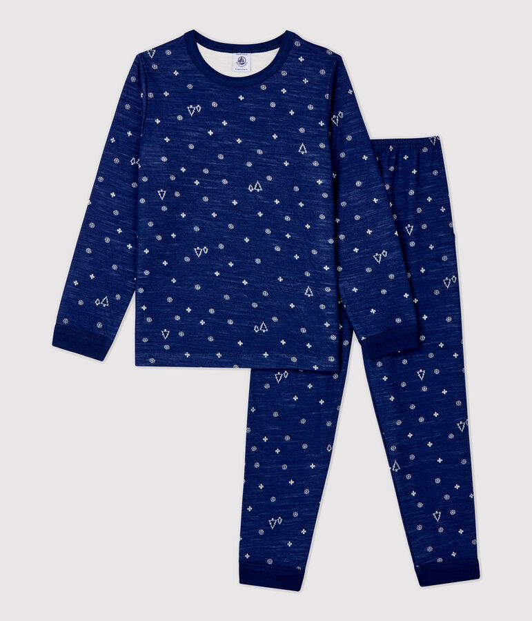 Jacquard meisjes/jongens pyjama met sneeuwvlokken van wol en katoen blauw MEDIEVAL/wit MARSHMALLOW