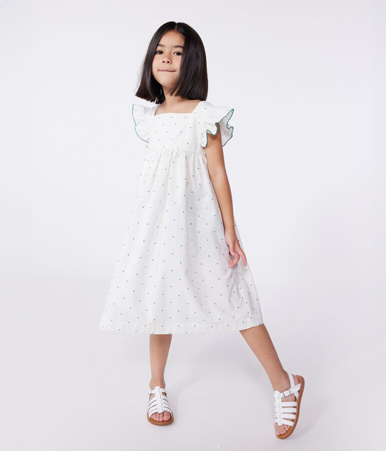 Robe longue sans manche enfant en coton &agrave; pois blanc/multicouleur