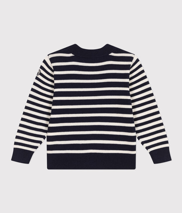 Gestreepte kindertrui in wol en katoen blauw/wit