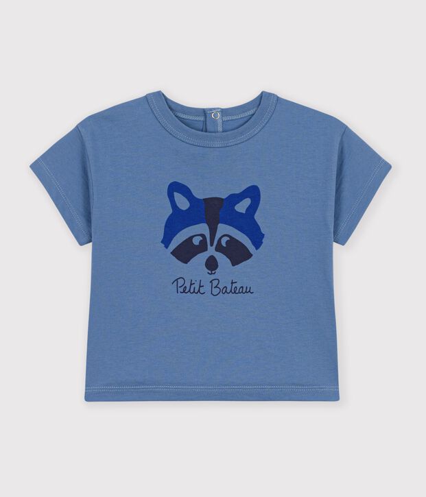 Katoenen effen T-shirt met korte mouwen en motiefje voor baby's blauw