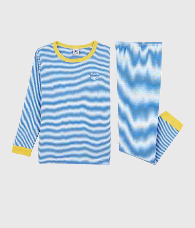 Pyjama ray&eacute; milleraies en coton enfant bleu/blanc