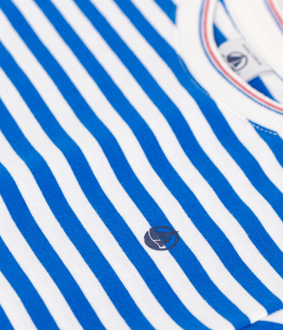 Katoenen kinder-T-shirt met korte mouw en streepjes blauw PORCELANA/ MARSHMALLOW