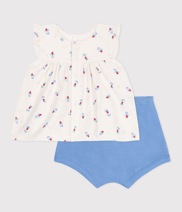 Ensemble naissance deux pi&egrave;ces en coton avec blouse volant&eacute; blanc MARSHMALLOW/blanc MULTICO