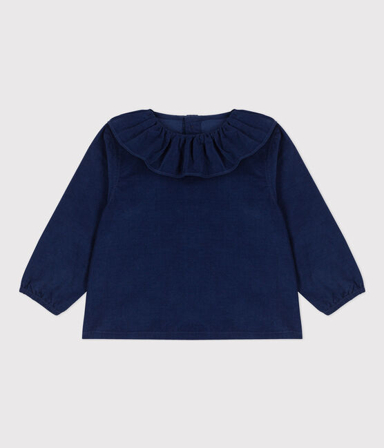 Babybloesje met lange mouwen van extra dun velours BLEU FONCE