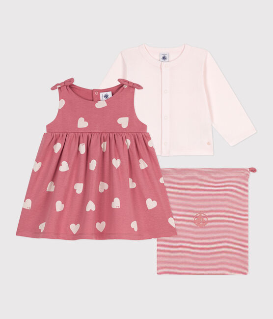 Ensemble bébé deux pièces en coton, cardigan uni et robe imprimée rose ROSEWOOD/ MULTICO