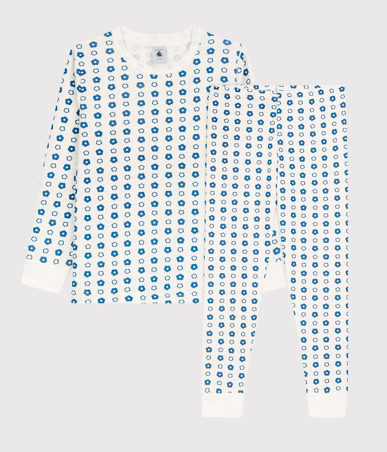 Jongens/meisjes pyjama met grafische bloemenprint van biologisch katoen wit/blauw