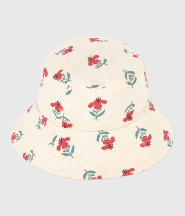 Capeline fleurs enfant fille en gaze de coton &eacute;cru/multicouleur
