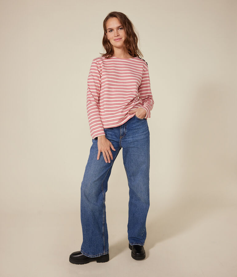 Katoenen marineshirt met knopen voor dames roze/ecru