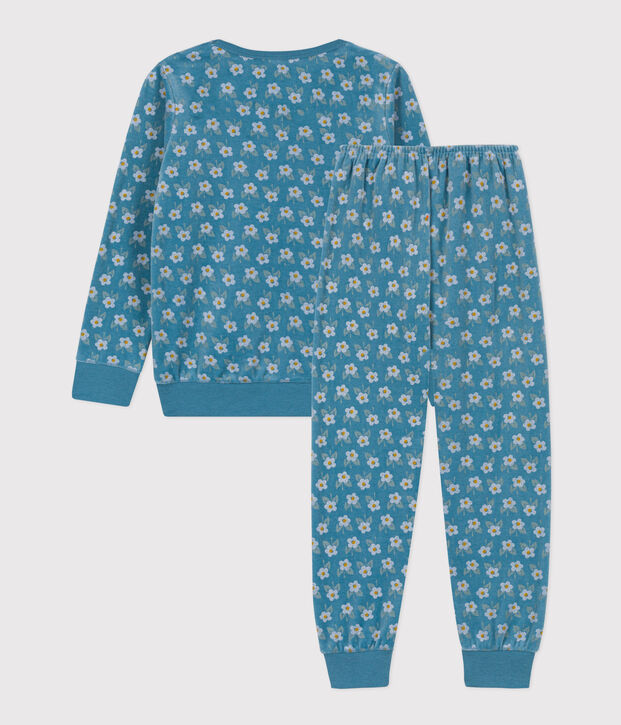 Fluwelen meisjespyjama met bloemetje blauw/multicouleur