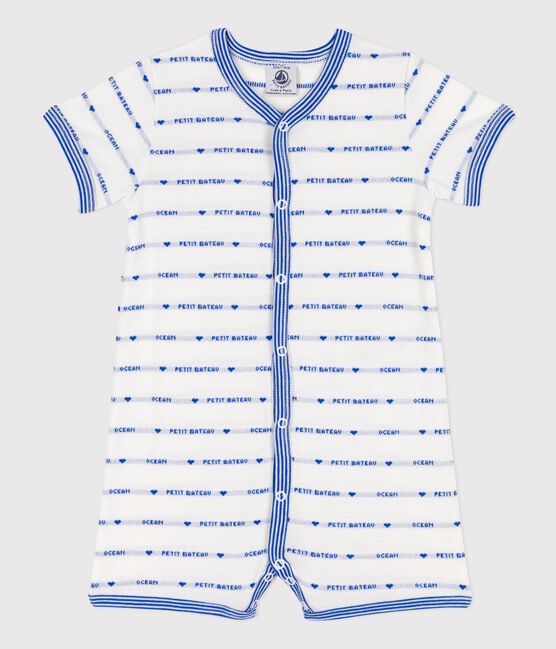Combinaison courte jacquard en coton bébé blanc MARSHMALLOW/bleu PERSE
