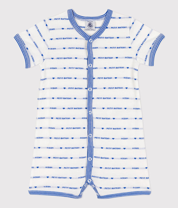 Combinaison courte jacquard en coton b&eacute;b&eacute; blanc/bleu
