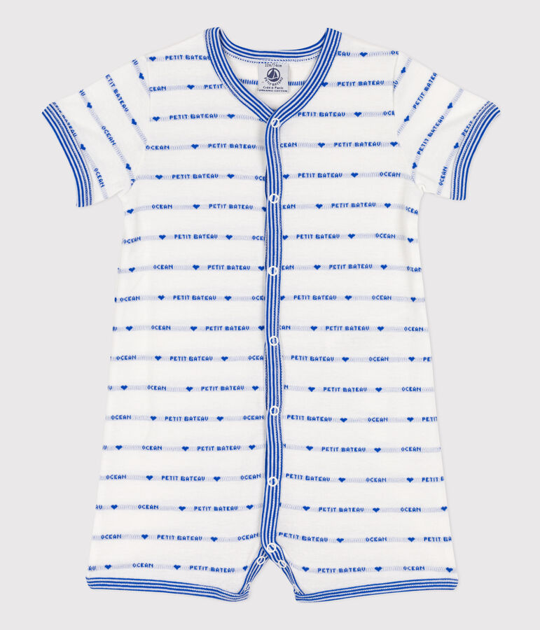 Combinaison courte jacquard en coton b&eacute;b&eacute; blanc/bleu