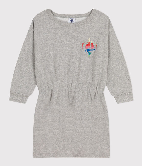 Meisjesjurk met lange mouwen en geborstelde fleeceprint grijs CHATON CHINE