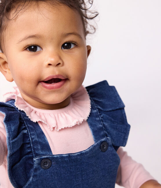 Babysalopette met lange pijpen van spijkerstof en elastaan met ruches blauw DENIM MOYEN