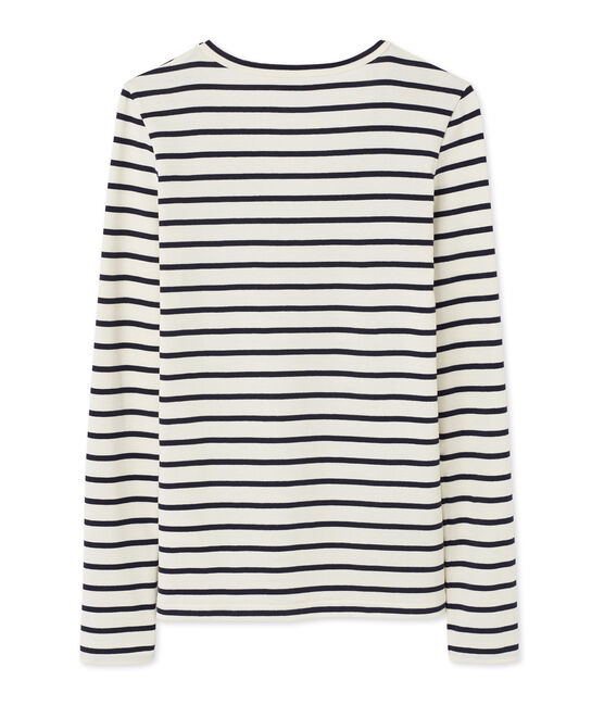 Gestreept dames-T-shirt met lange mouwen en V-hals beige COQUILLE/blauw SMOKING