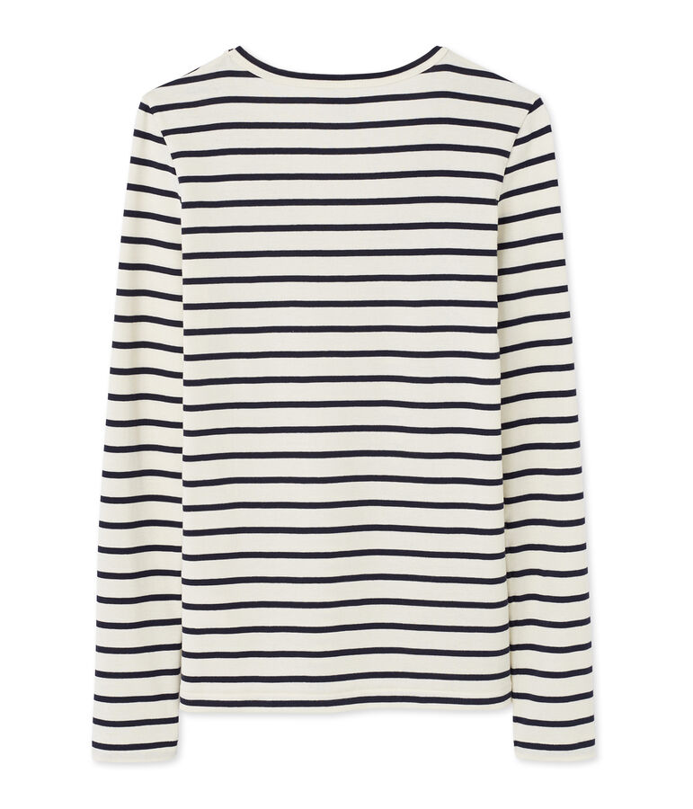 T-shirt femme manches longues col V ray&eacute; blanc/bleu