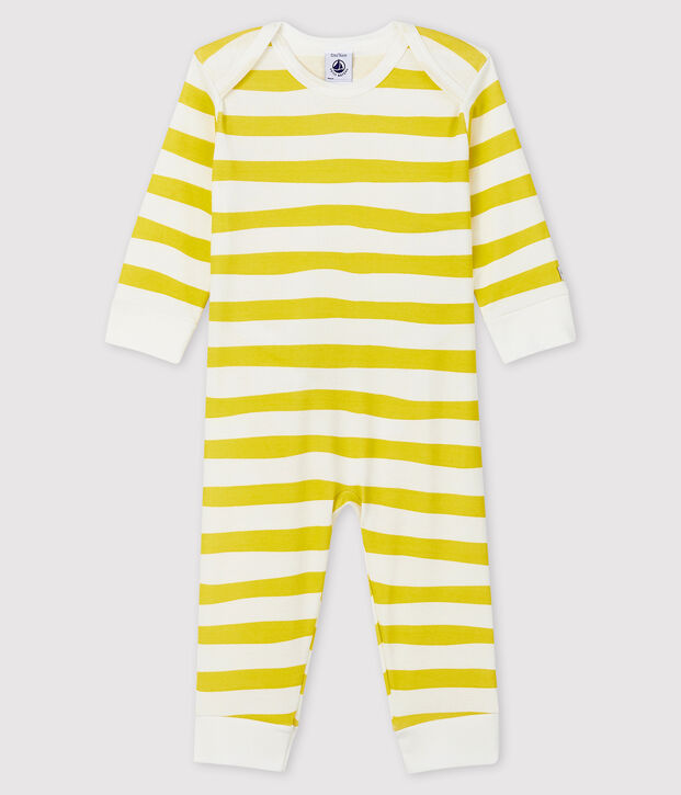 Slaappakje baby zonder drukknopen, van ribstof geel/wit
