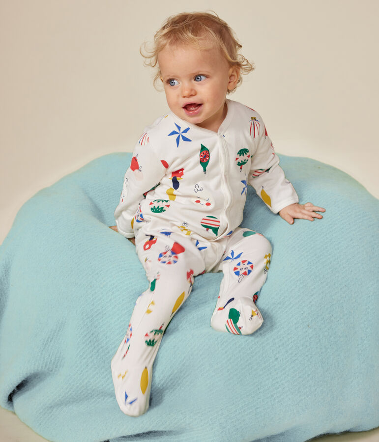 Babypyjama van geruwde fleece met kerstballenprint wit/multicouleur