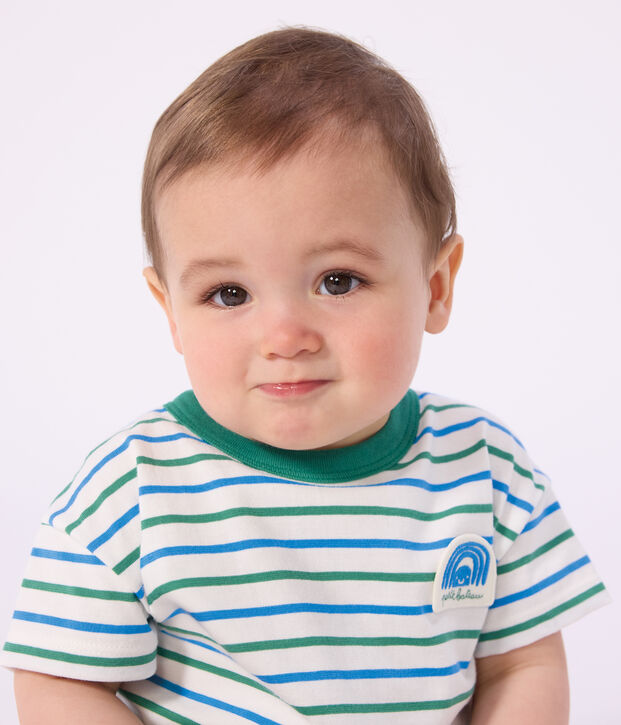 Katoenen T-shirt met korte mouwen en streepjes voor baby's wit/multicouleur