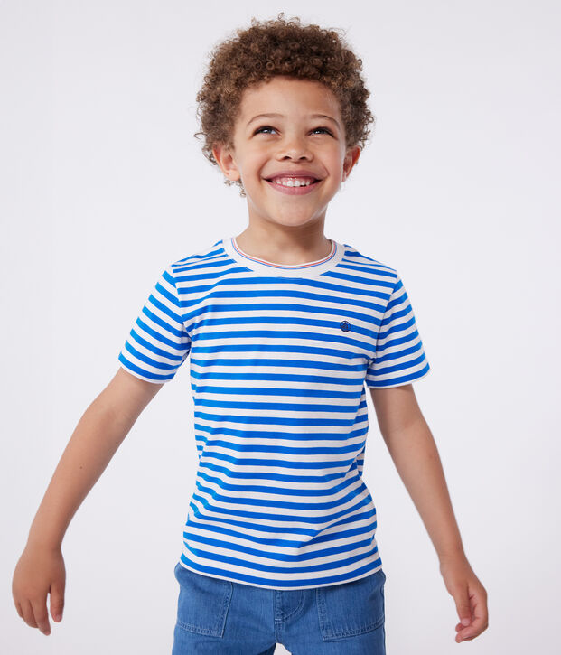 Tee-shirt enfant en coton manches courtes &agrave; rayures bleu/blanc