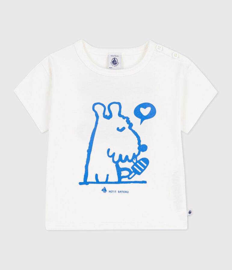 Katoenen baby-T-shirt met korte mouwen en hondmotiefje wit