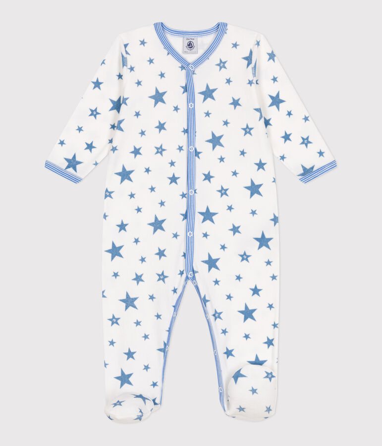 Fluwelen babypyjama met sterrenprint wit MARSHMALLOW/blauw ALASKA