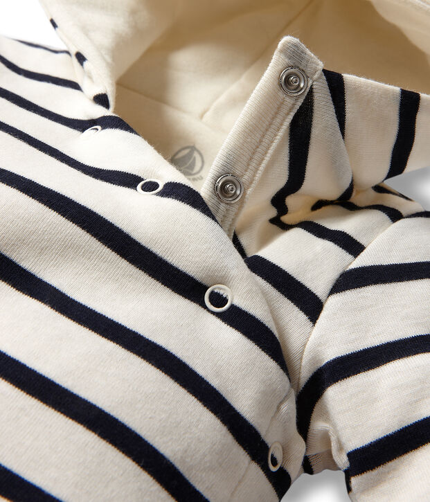 Gestreept babypakje met kap wit/blauw
