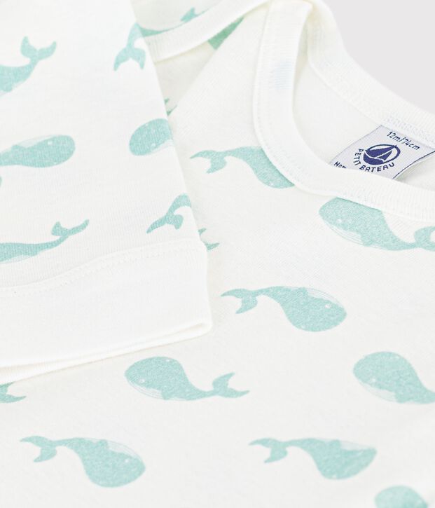 Katoenen babypyjama zonder voetjes met walvisprint wit/blauw
