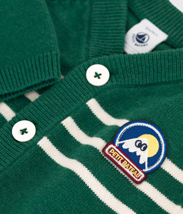 Gestreept babyvestje in breiwerk van wol en katoen groen/ecru