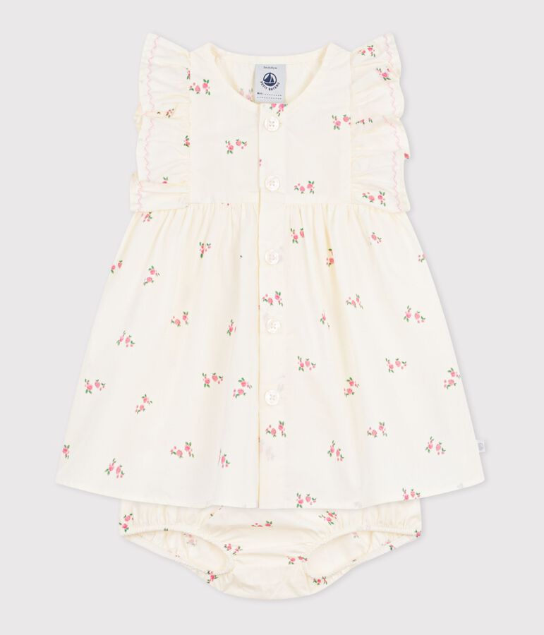 Robe b&eacute;b&eacute; en coton avec son bloomer, imprim&eacute;s fleurs &eacute;cru/multicouleur
