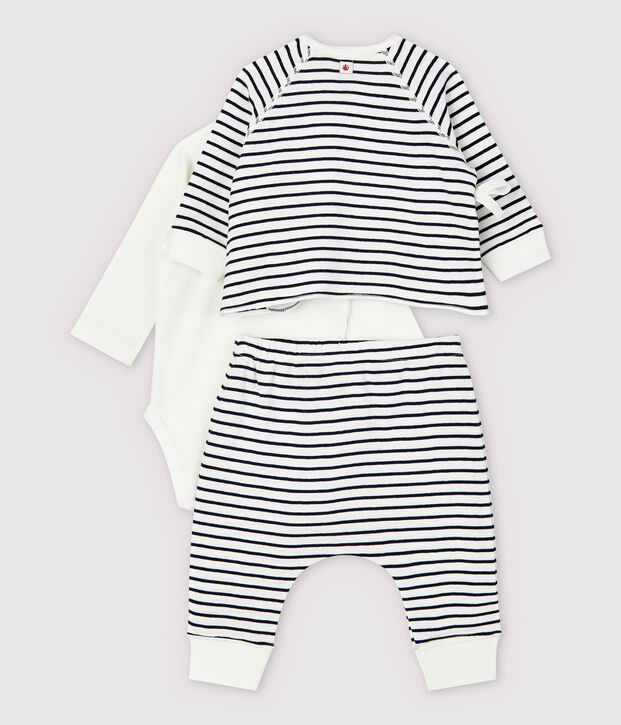 Ensemble 3 pi&egrave;ces ray&eacute; b&eacute;b&eacute; en tubique en coton biologique blanc/bleu
