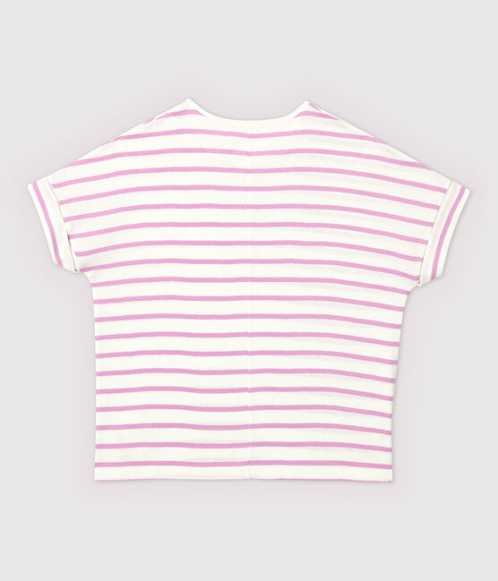 Gestreept dames-T-shirt van katoen/linnen wit MARSHMALLOW/roze BOHEME
