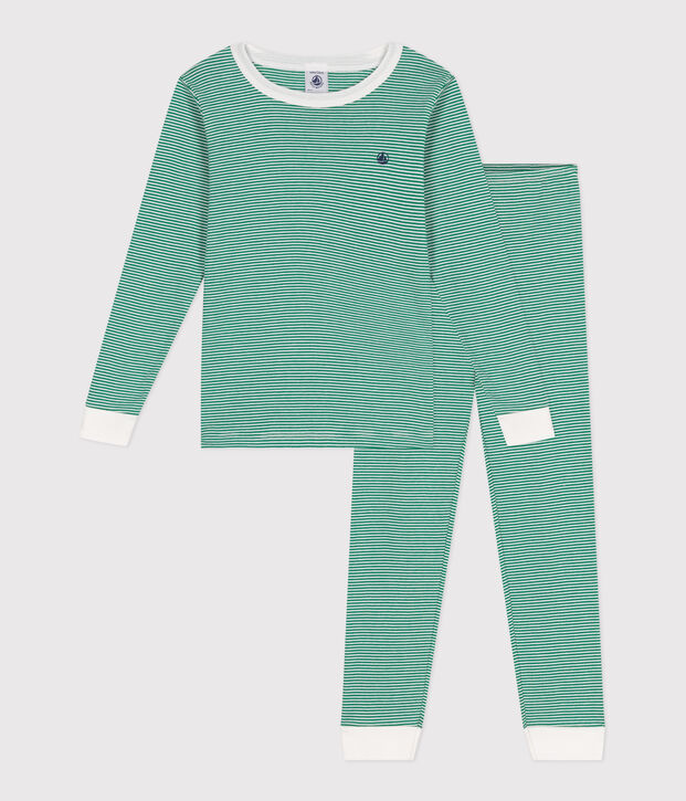 Pyjama tr&egrave;s ajust&eacute; enfant en coton &agrave; rayures vert/blanc