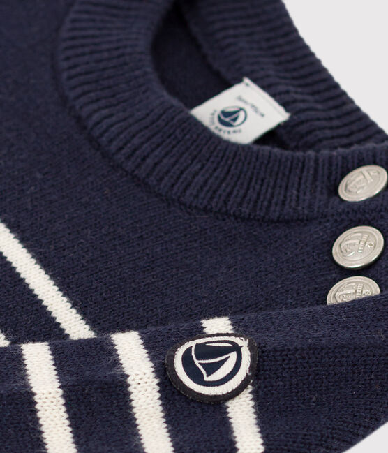 Meisjes/jongens pull van wol en katoen blauw SMOKING/wit MARSHMALLOW