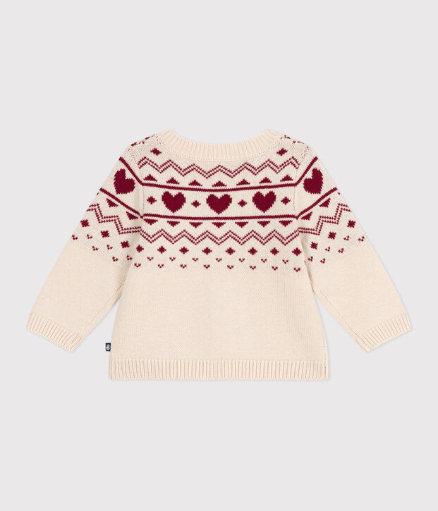 Cardigan b&eacute;b&eacute; en tricot laine et coton, motifs c&oelig;urs &eacute;cru/rouge
