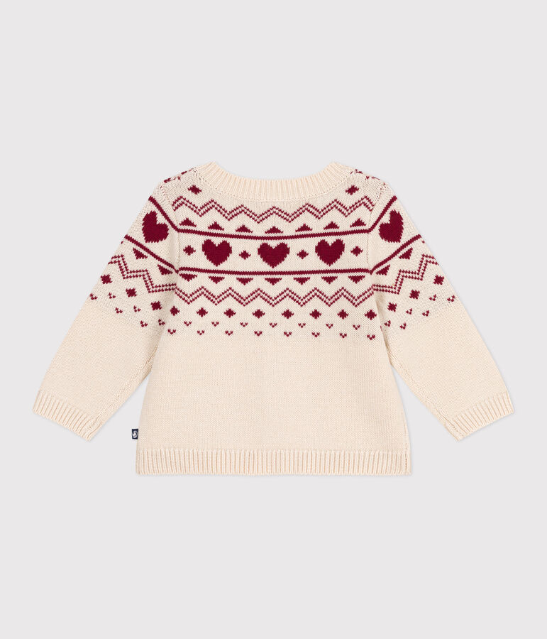 Cardigan b&eacute;b&eacute; en tricot laine et coton, motifs c&oelig;urs &eacute;cru/rouge