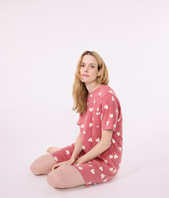 Damesnachthemd met korte mouwen en hartjesprint roze ROSEWOOD/ MARSHMALLOW