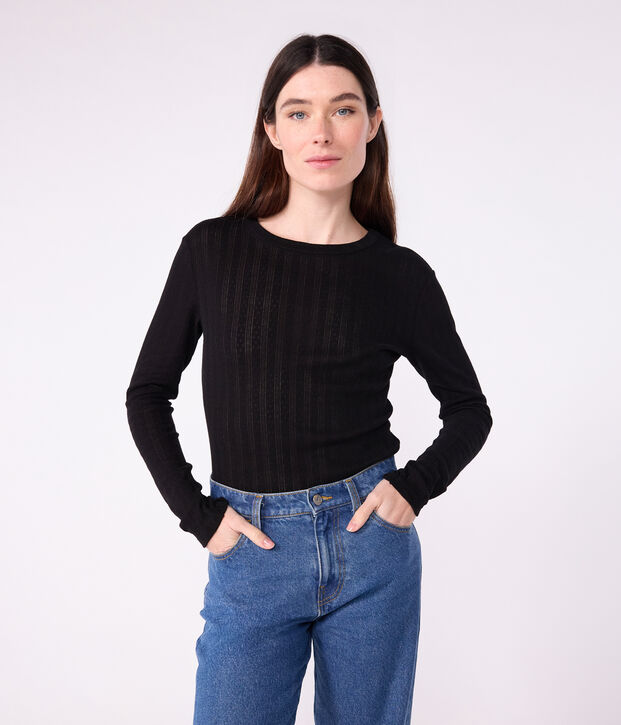 Tee-shirt femme l'iconique en coton ajour&eacute; manches longues noir