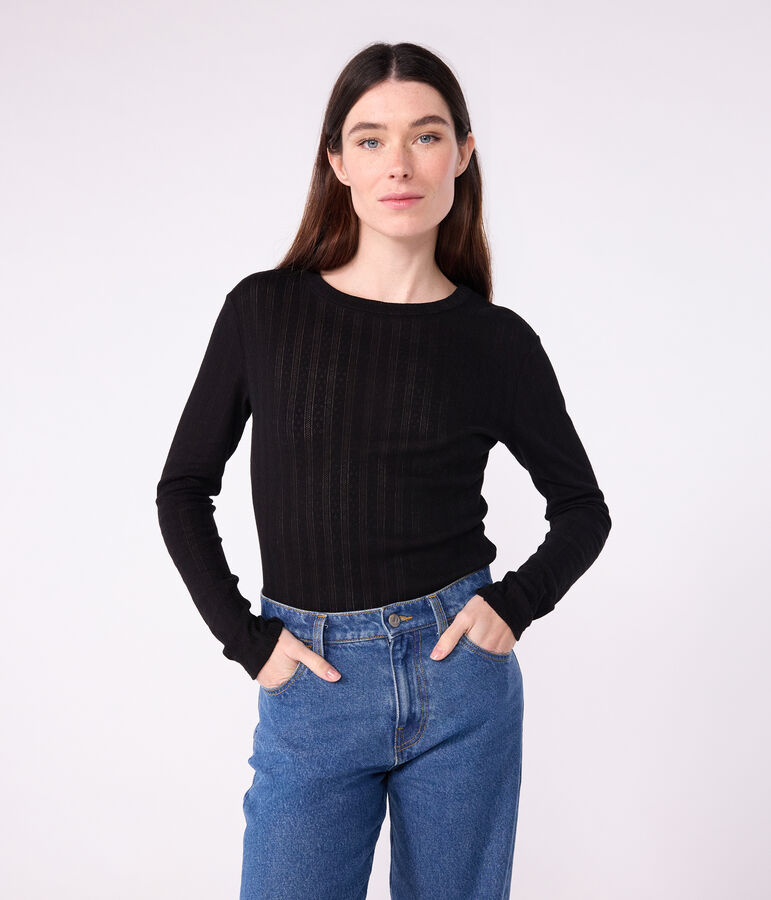 Tee-shirt femme l'iconique en coton ajour&eacute; manches longues noir