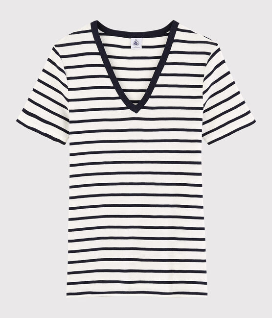 T-shirt col V iconique en coton rayé Femme blanc MARSHMALLOW/bleu SMOKING