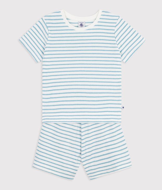 Pyjama short enfant en coton &eacute;ponge &agrave; rayures blanc/bleu