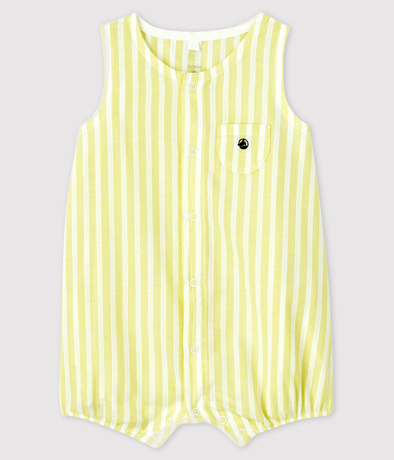 Geel gestreepte playsuit voor baby's van biologisch katoenen popeline geel JAUNE/wit MARSHMALLOW