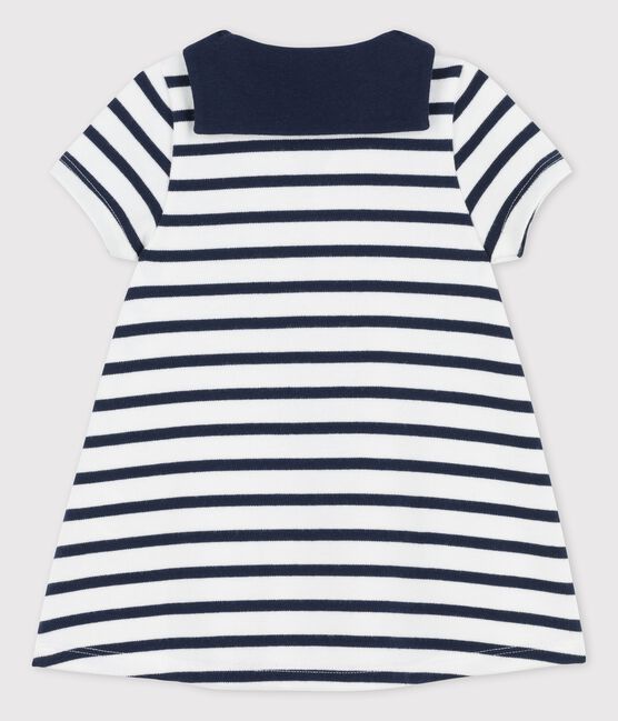 Jurk met wijde kraag van dikke biologische jerseystof voor baby's wit MARSHMALLOW/blauw SMOKING